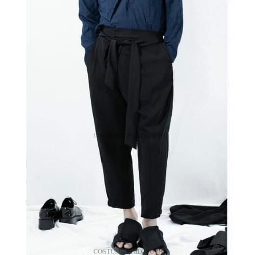 27-44 New Mens Casual Personality Elastic Waist Hanging Harem Pants Black Belt Tide Ankle-length Pants Plus Size Men Clothing