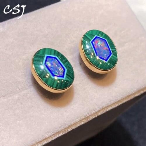 CSJ 100% Natural Opal Earrings Sterling 18K Yellow Gold Splicing Lapis Turquoise Malachite for Women Party Birthday Gift