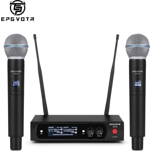 EPGVOTR 2 Channels UHF Wireless Microphone System EPU2 with 2 Metal Material Handheld Transmitters for Stage Church Family DJ