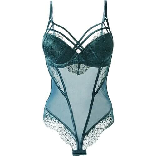 Deep V Sleeveless Bodysuits Women Floral Lace Jumpsuit Sexy Lingerie Underwire Push Up Padded Female Shapewear Romper Top Green