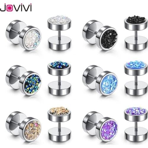 Jovivi 18G Punk Ear Piercing Unisex Glitter Screw Flat Back Disc Stud Earrings Round Cheater Fake Ear Plugs Illusion Tunnel New