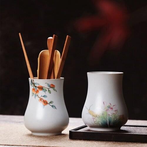 Chinese Painting Style Ceramic Tea Tube Home Hotel Pen Makeup Brush Storage Tank Decoration Vase