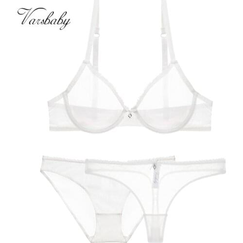 Varsbaby Sexy See-Through Underwear Transparent Unlined Bra+Panties+Thongs 3 Pcs Bra Set 32-42CDE