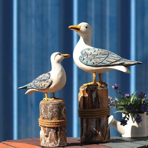 Creative Mediterranean Style Solid Wood Statue Seagull Crafts Porch Decor Showcase Children Room Tree Stump Ornaments Bird