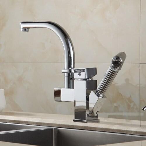 Brass Chrome Kitchen Sink Faucet Pull Out Sprayer Swivel Spout Single Lever Deck Mount Vanity Mixer Taps HJ-8019Kitchen Faucets