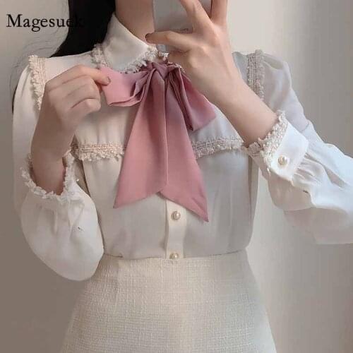 Sweet Tassel Lace Splice Bow Tie Blouse Women Solid Color Long Puff Sleeve Tops Women Pearl Button Cardigan Shirts Blusas 11608