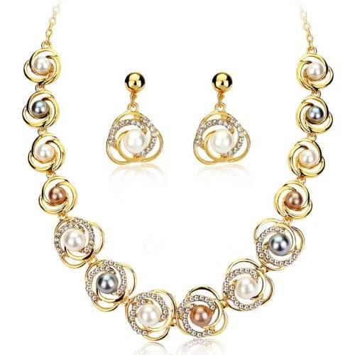 MIQIAO Gold Plated Pearl Piercing Stud Earring Drop Collar Chain Necklace Jewelry Sets for Women Wedding Engagement Couple Gift