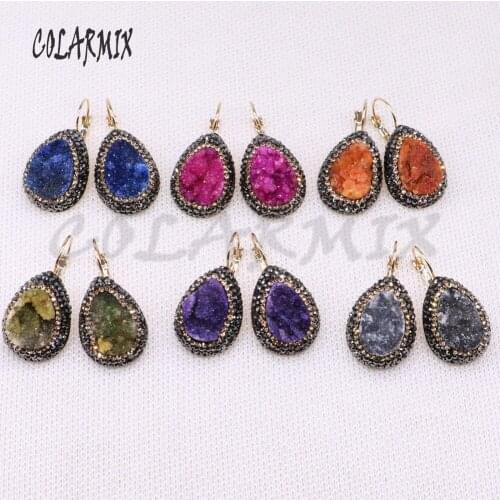 Fashion drop shape druzy stone earrings with gold color metal natural geode stone druzy earrings mix color stone earrings 3937