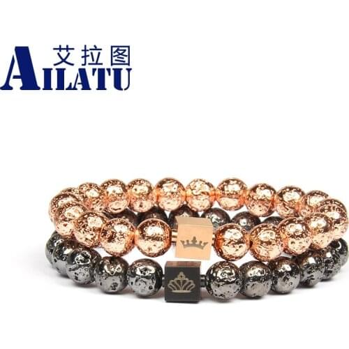 Ailatu Couple Crown Bracelet Sets Jewelry for Lovers King & Queen Bracelets with 8mm Lava Stone Beads
