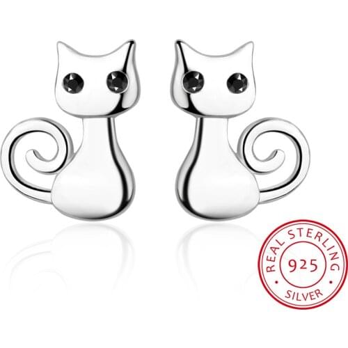 Real 925 sterling silver Fine jewelry female cute animal cat stud earring Boucle d'oreille for women wholesale E056