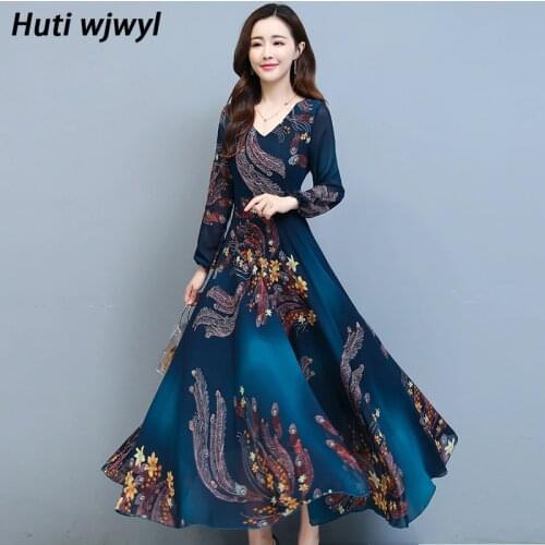 Autumn Winter Vintage Plus Size Boho Dress Floral Chiffon Long Sleeve Casual Beach Dress 2021 Women Bodycon Party Maxi Vestidos