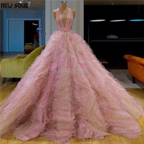 Princess Puffy Long Evening Dresses Tiered Robe De Soiree 2020 Kaftans Islamic Party Gowns Custom Arabic Dubai V Neck Prom Dress