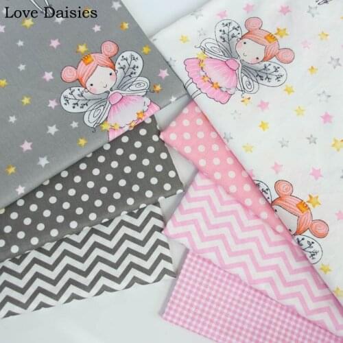 100% cotton twill WHITE GRAY pink cute angel stars dots chevron check fabric for DIY bedding apparel dress patchwork home decor
