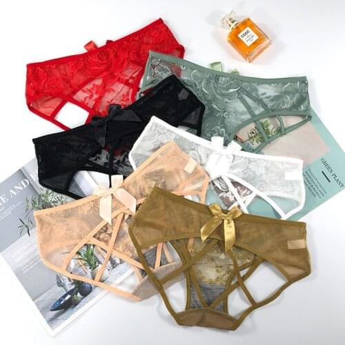 Sexy Lace Hollow Out Briefs Womens Transparent Panties with Bow Erotic Underpants Low Waist Panty Breathable Intimates Lingerie