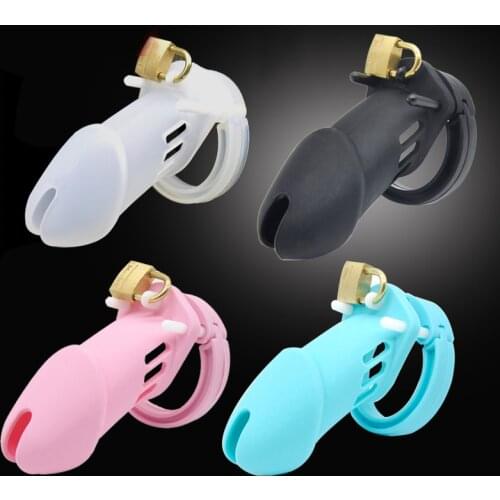 Silicone Cock Prison Male Chastity Device Standard Short Cock Cages Sex Toys Penis Belt Lock with Five Penis Rings Cage BDSM