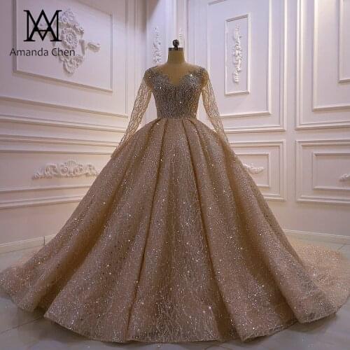 Amanda Novias Long Sleeves Handwork Beading Champagne Wedding Dress