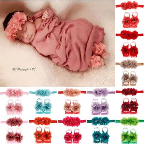 Yundfly Newborn Baby Flower Headband with Barefoot Sandal Sets Chiffon Flower Headwear Cute Photography Props Set 3pcs/set