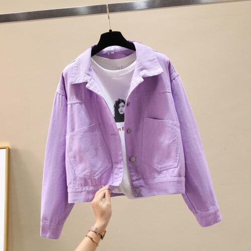 2021 Spring Autumn Denim Coat Womens Purple Yellow White Pink Short Loose Jeans Jacket Plus size Female Casual Outwear Tops