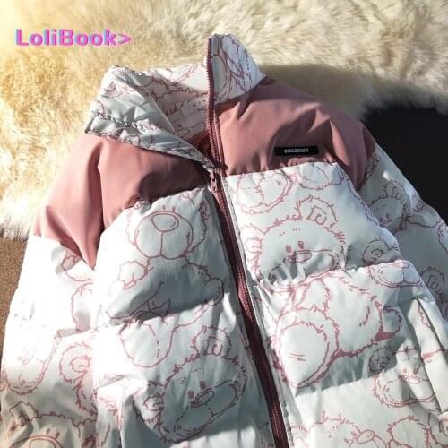 Lolibook bear cotton coats female winter preppy zipper long-sleeved jacket Harajuku thickening Oversize outerwear clothes top