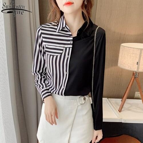 Korean Long Sleeve Womens Shirts Striped Spilcing Lapel Blouse Women 2021 New Early Autumn Fashion Top Female Mujer 11703