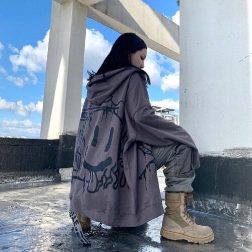 Korean Punk Hoodie Women Harajuku Smile Printed Hoodie Girl Funny Hip Hop Winter Tops Autumn Cool Jacket Streetwear Females