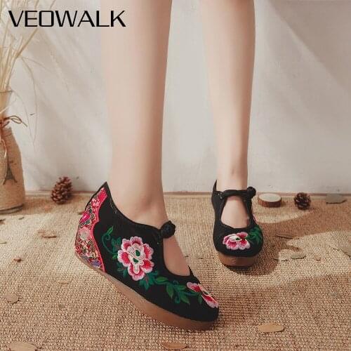 Veowalk Flowers Embroidered Women Canvas Hidden Flat Platforms Ladies Casual Denim Cotton Shoes Comfortable Zapatos Mujer