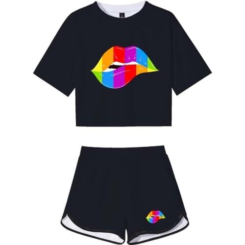 Heart Finger Crop Shorts Suit Solid Black 3D Print T-shirt Pants Two Piece Set Women Tracksuit Outfit Summer Cute Matching
