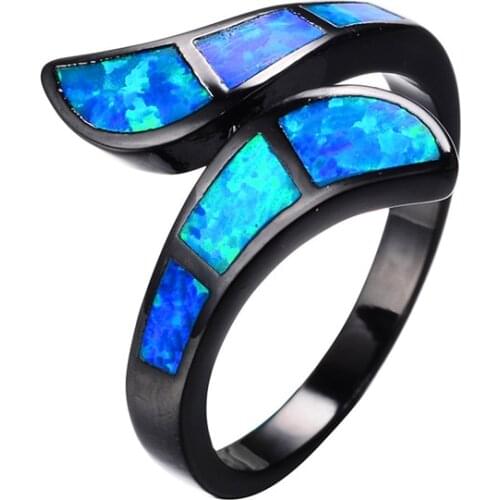 Unique Style Female Blue Fire Opal Ring Fashion 14KT Black Gold Wedding Rings For Women Promise Love Engagement Ring