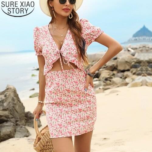 Beach Style Women Holiday Pencil Dress Casual Floral Print Dress Summer Hollow Out Lace-Up Zipper Short Sleeve Dresses 14976
