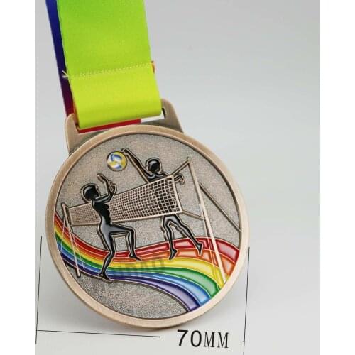 1PCS Volleyball Copper Medalist Award with Ribbon Metal Sports Medallion Bronze Medal In Soft Enamel