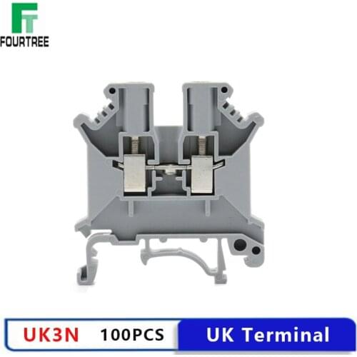 100PCS UK 3N Wire Terminal Blocks Universal Wiring Cable Row Connection Brass DIN Rail Screw Strips 2.5mm2 Wire 32A 800V