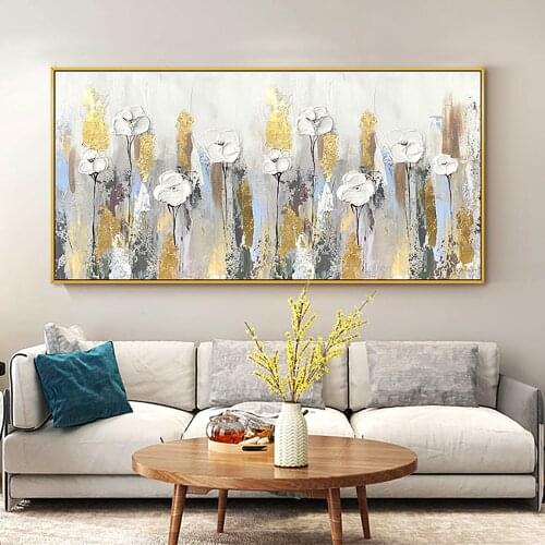 Gold White Flower Handmade Abstract Thick Oil Painting Large Abstract Wall Art Oil Canvas Hand Painted Modern Paintings Unframed