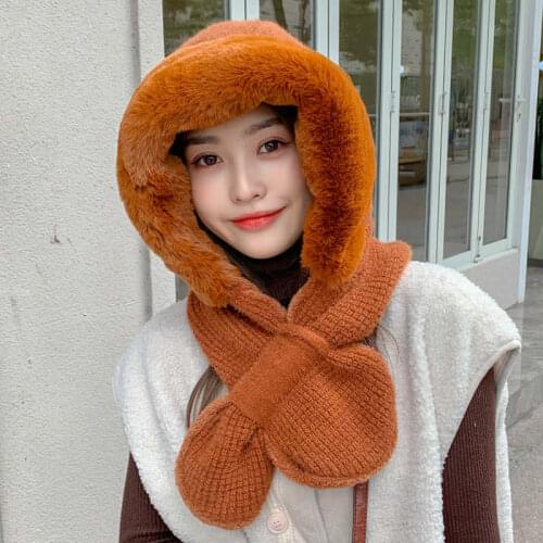 European and American New Style Plush Hats Korean Womens Autumn and Winter Plus Velvet Windproof and Warm Hood All-in-one Hat