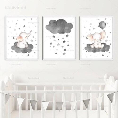 Art Print Wall Picture Cartoon Elephant Balloon Cloud Poster Animals Canvas Painting Nordic Kid Baby Bedroom Decoration No Frame