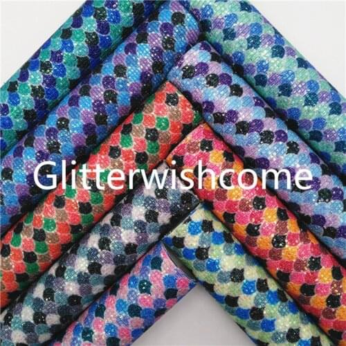 Glitterwishcome 21X29CM A4 Size Synthetic Leather, Mermaid Printed Glitter Leather fabric Vinyl for Bows, GM809A