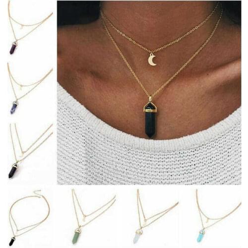 Quartz Stone Double Chakra Necklace Point Pendant Crystal Healing Chain Valentines Day gift for lovers