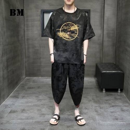 Summer Chinese Style Traditional Embroidery Suit 2021 Plus Size Ice Silk Hanfu T Shirt Shorts Harajuku Men Clothing Tracksuit