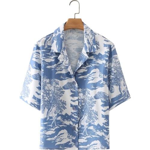 JC·KILIG New White Background Orchid White Cloud Print Suit Collar Single Breasted Short Sleeve Shirt in Summer 2021 TB21141
