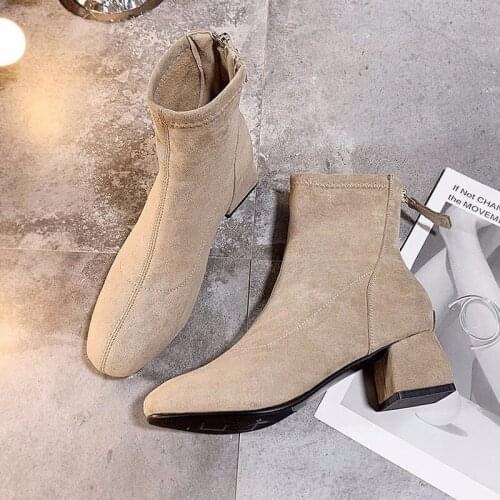 Fashion Women Winter Thick Heel Shorts Square Head Suede Back Zipper Boots Plus Velvet Cotton Shoes Zapatos De Mujer W20-75