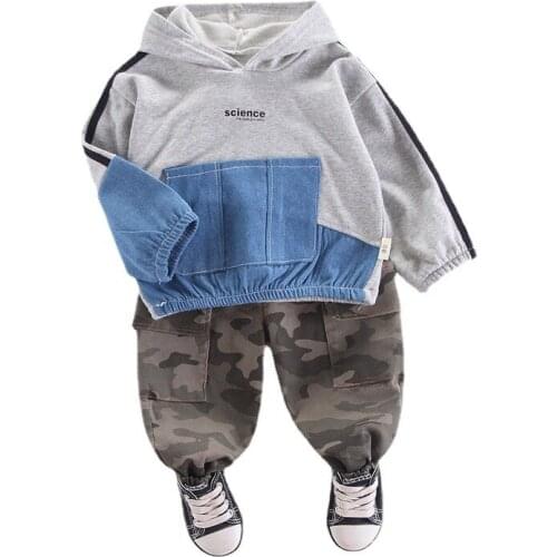 Spring And Autumn Childrens Suit 2021 New Boys And Girls Denim Stitching Hooded Sweater Camouflage Trousers Two-piece Suit 0-5Y