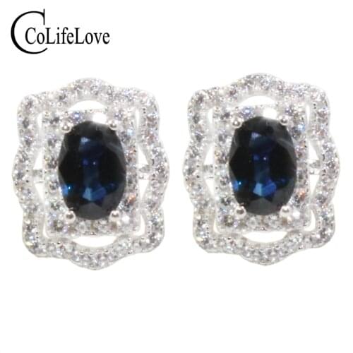 Dazzling 925 silver sapphire stud earrings natural dark blue sapphire silver earrings solid 925 silver sapphire jewelry