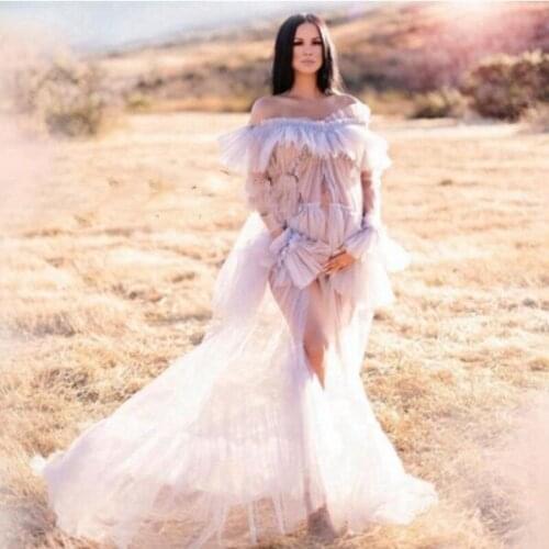 Fluffy Tiered Prom Gown Long Sleeve See Thru Wedding Sleepwear Bathrobes Nightgowns Maternity Robes Prom Dress Lush Ruffled