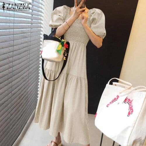 Fashion Pleated Dress Women Summer Sundress ZANZEA 2021 Casual Puff Sleeve Midi Vestidos Female Square Neck Robe Femme Oversize