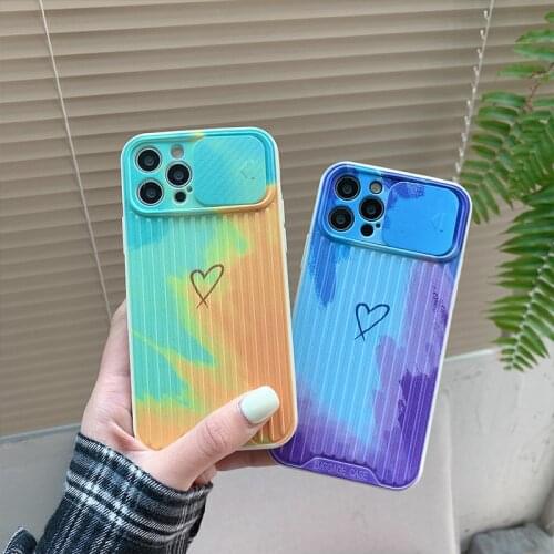 Lovely Love Heart Watercolor Phone Case For iPhone 12 11 Pro X XR XSMAX 7 8 Plus SE2020 Slide Camera Lens Protection Back Cover