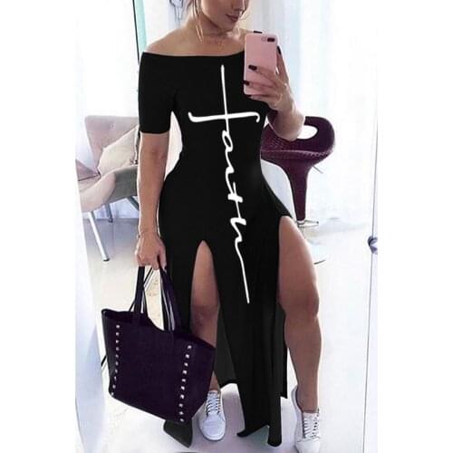 Sexy Letters Off The Shoulder Split Maxi Dress Women Fall Winter 2020 Short Sleeve Skinny Dresses Casual Fashion Club Wear