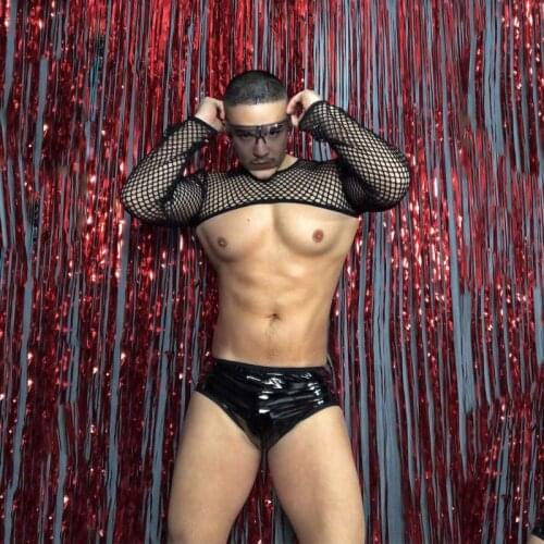 Sexy Mesh Top And Patent Leather Briefs Jazz Dancing Suit Men DJ DS Nightclub Bar Dance Show Rave Performance Outfits XS1153