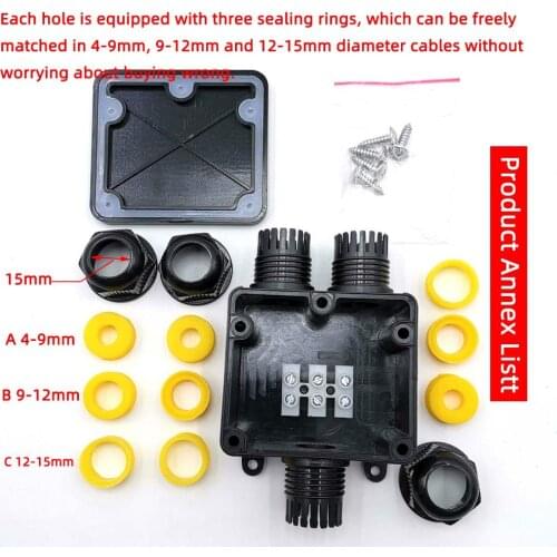 IP68 waterproof junction box, three-way waterproof junction box, one-in-two-out waterproof box, Black Belt terminal