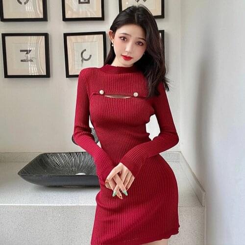 Knitted Spring Autumn Mini-dresses Sexy Club Hollow Out Red Women Dress Fashion Korean Clothes Female Clothes Slim Vestido