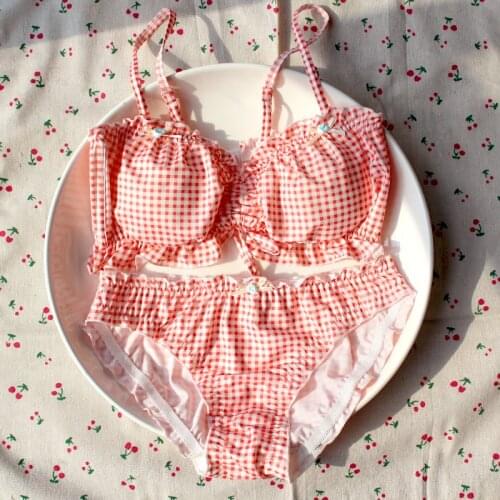 Wriufred Cute sweet bowknot design lingerie sets tube top orange lattice no steel ring bra set women sexy plus size bralette