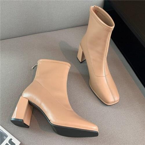2021 Women Ankle Boots Winter 7cm High Heels Boots Lady Zipper Fashion Chunky Booties Girls Roman Square Block Low Heels Shoes